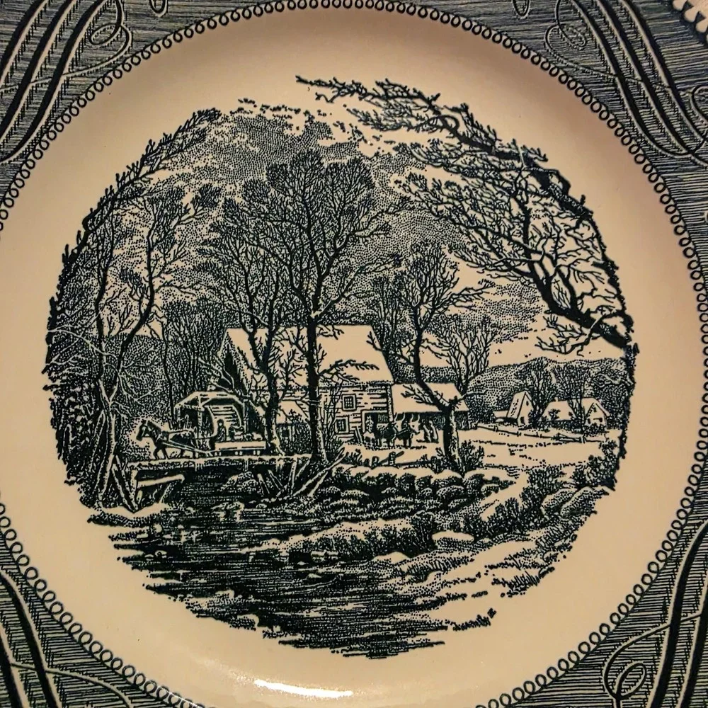 Vintage Currier & Ives,USA, 10 1/8 Dia. Old Mill Blue Scene Dinner‎ Plate